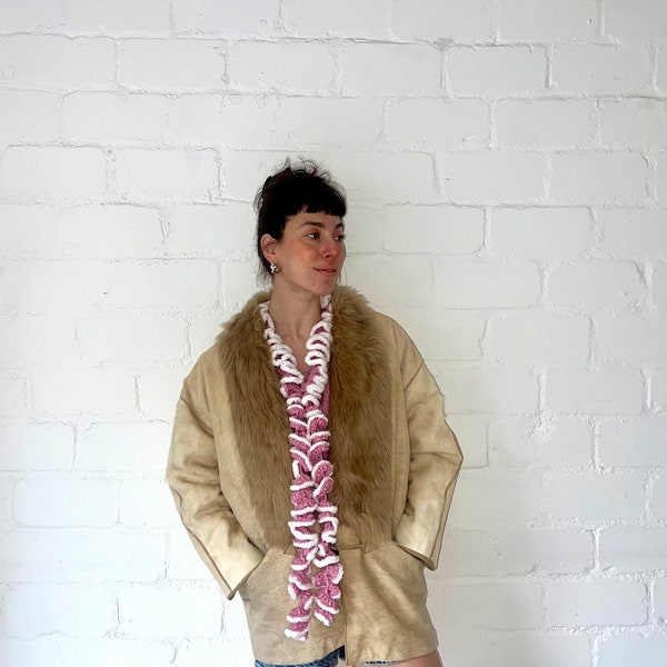 Vintage Fur Coat Beige with Shaggy Collar - Women’s 80s 90s Outerwear - Size 42