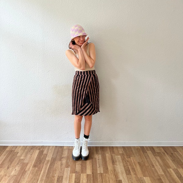 Vintage Midi Skirt High-Waisted Striped - Black and Brown 90s 90s Women’s Tulip Skirt