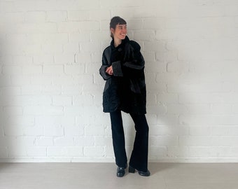 Vintage Fur Coat Black with Leather Details - Luxurious 80s 90s Women’s Karakul Winter Coat