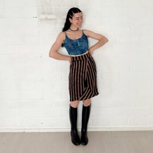 Vintage Midi Skirt Highwaisted Two-Toned Striped Bronze Black I Knee Length 80s 90s Tulip Statement Skirt Size 38 I Skirt Knee Length M