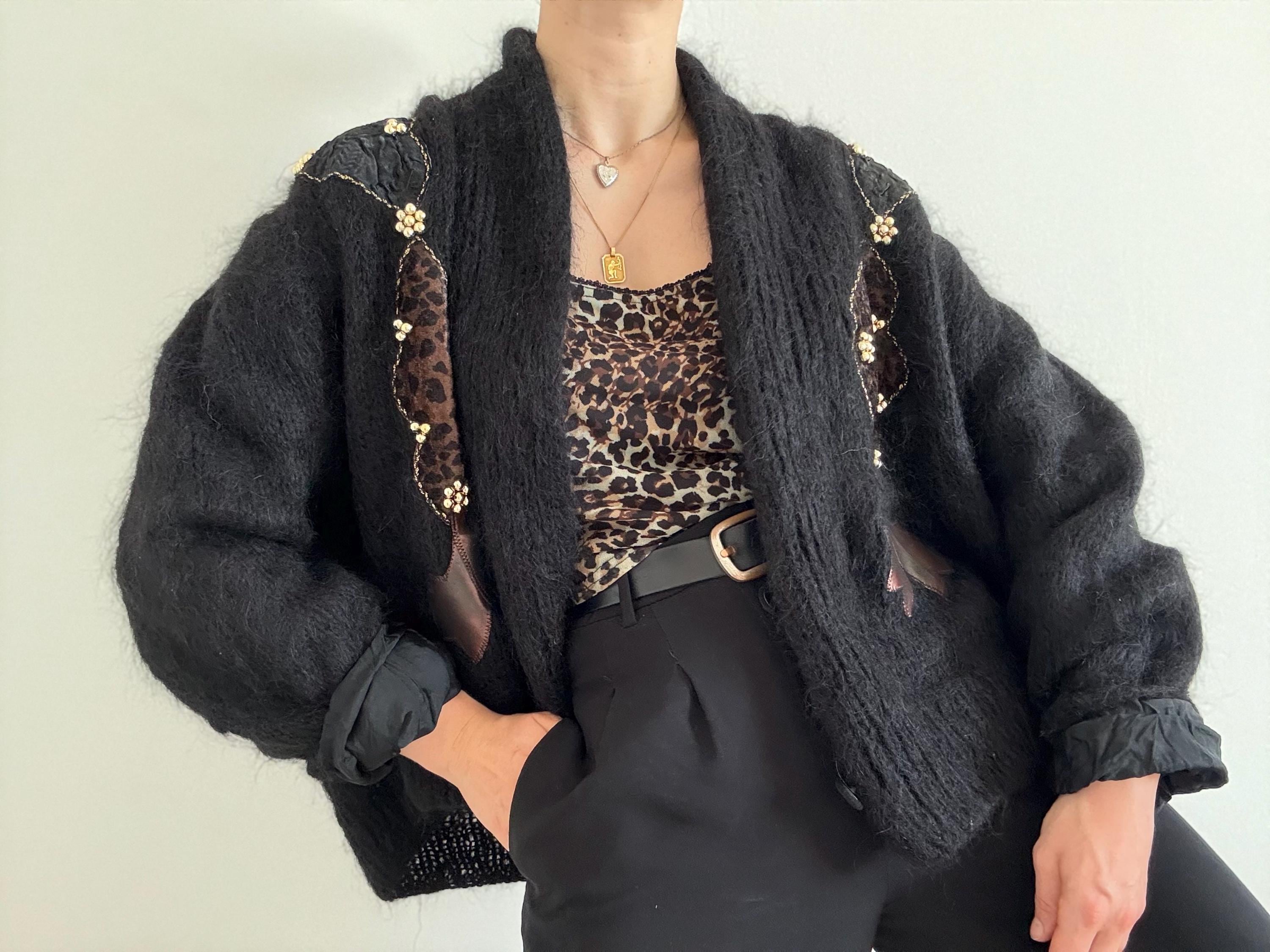 トップス 90s vintage black mohair knit cardigan 90s Vintage Black Mohair Cardigan/ Minimalist/ Casual