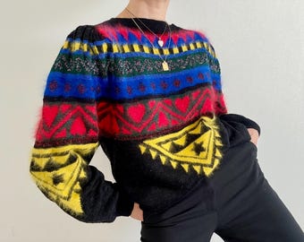 Vintage Cozy Knit Sweater Angora Wool Multicolor Patterned Lamé Detailed | 80s 90s Winter Norwegian Sweater Statement Sweater Oversized 38