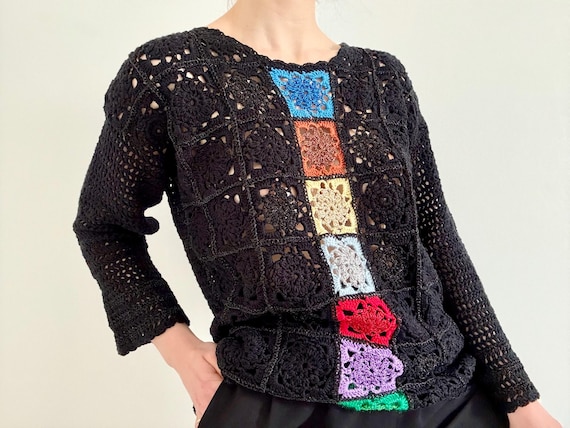 Vintage Granny Square Patchwork Crochet Sweater M… - image 1