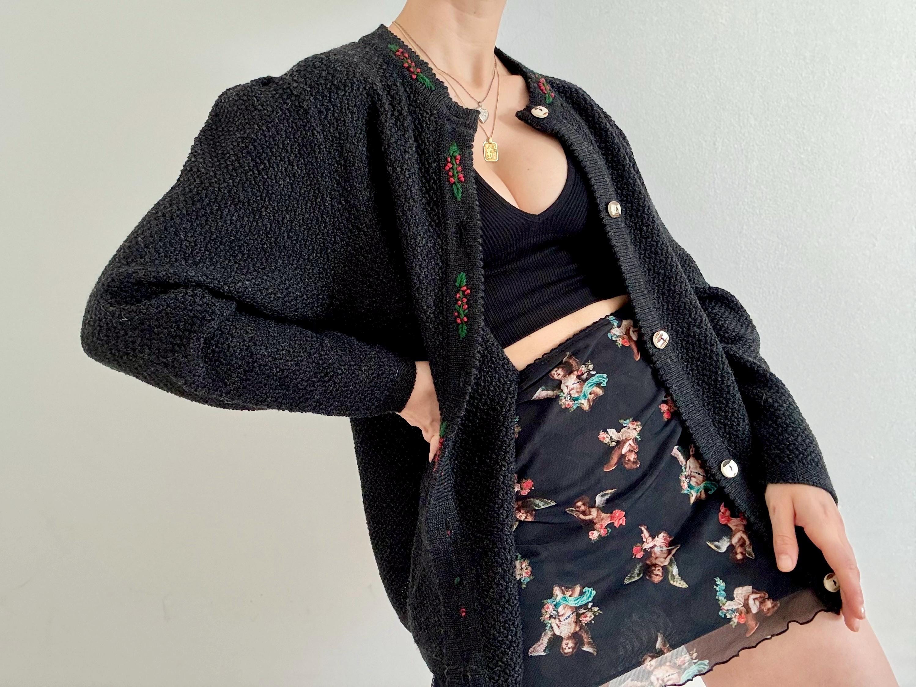 Vintage Trachten Cardigan Traditional Dirndl Cardigan Wool Black | 80s 90s Bavarian Women’s Knit Sweater Jacket Floral Embroidered XL