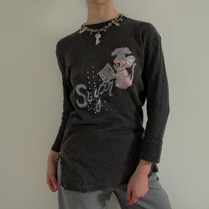 Vintage Sugar Mouse Patchwork Ribbed Longsleeve | Beaded Cartoon Motif Top Slate Grey | Cute Appliqué Embroidered Shirt | Longline Crewneck