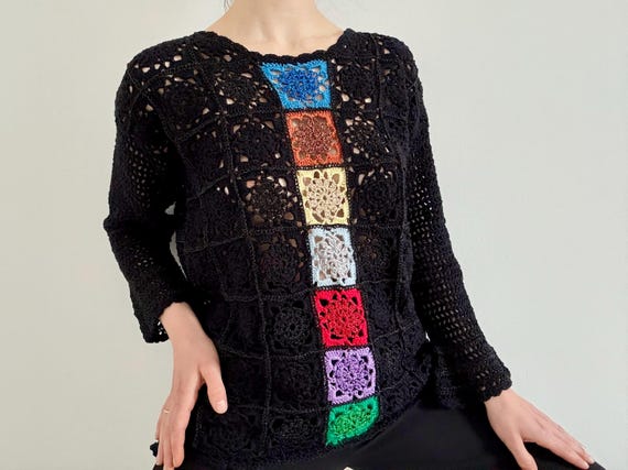 Vintage Granny Square Patchwork Crochet Sweater M… - image 4