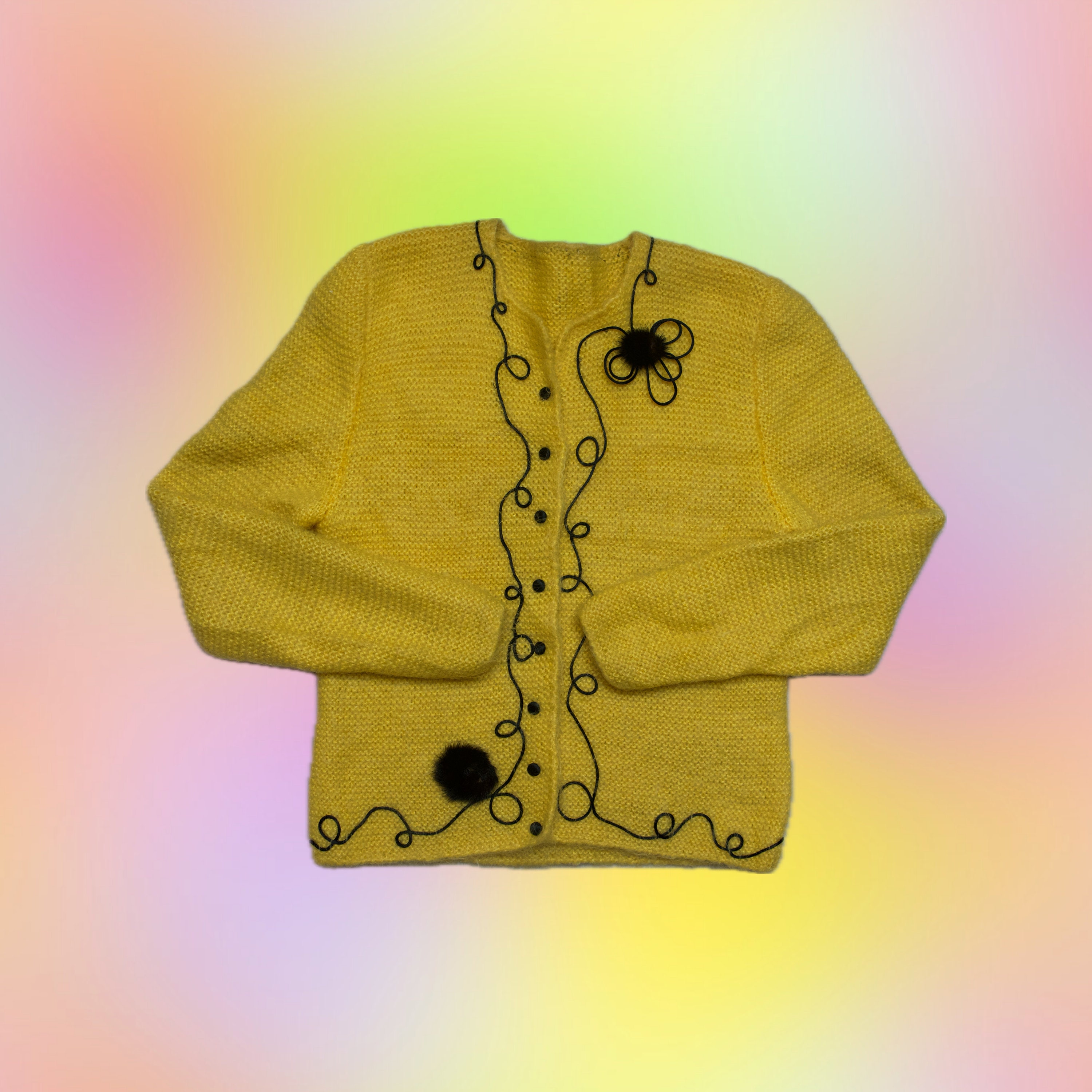 Vintage Wool Cardigan Yellow Handcrafted With Fur Pompoms