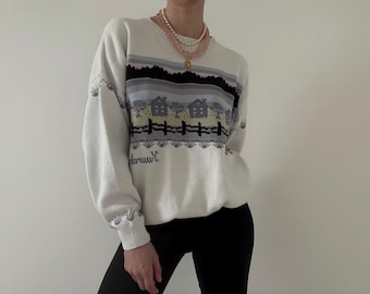 Vintage Cottage Landscape Knit Sweater Pastel | 80s 90s Coquette Graphic Jumper | Oversized Heritage Cotton Crewneck | Romantic Knitwear