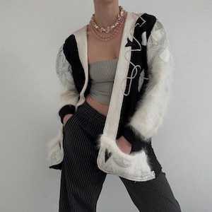 Vintage Karl Bein Couture Patchwork Cardigan | Metallic Lace Accented Knit | Handcrafted 80s 90s Angora Wool Blend Bomber | Opulent Knit