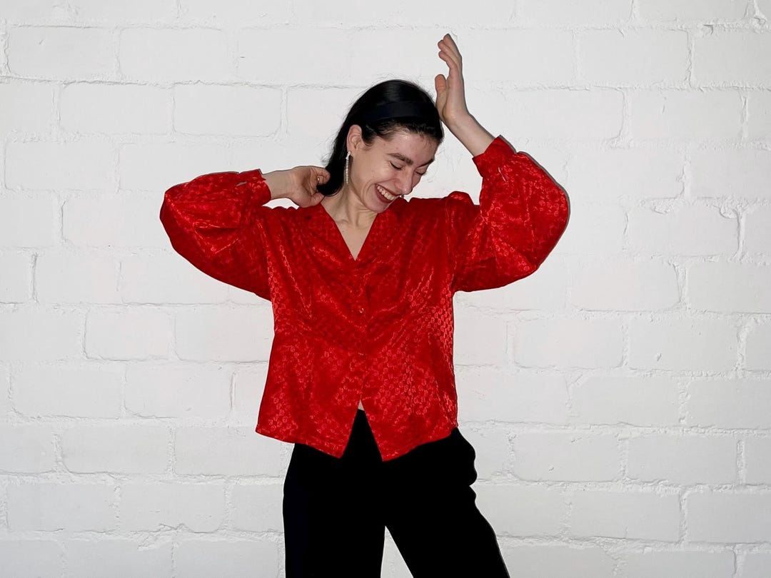 VTG 'AGS' FAUX PATCHWORK RED WHITE BLACK TARTAN GEOMETRIC FLORAL BLOUSE L 16/18