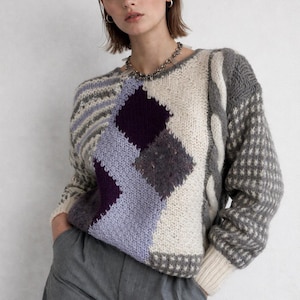 Vintage Patchwork Sweater Lilac | Chunky 90s Mismatched Knit | Oversized Wool Blend Jumper L | Bold Colorblock Knitwear