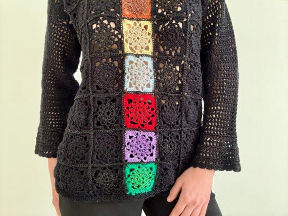 Vintage Granny Square Patchwork Crochet Sweater M… - image 10