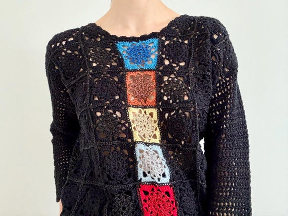 Vintage Granny Square Patchwork Crochet Sweater M… - image 2