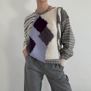 Vintage Patchwork Sweater Lilac | Chunky 90s Mismatched Knit | Oversized Wool Blend Jumper L | Bold Colorblock Knitwear