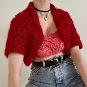 Vintage Shrug Sweetheart Dazzling Red I Cropped Archive Crochet Eyelash Bolero Jacket Handcrafted I Glitter Cropped 80s 90s Cardigan Fuzzy