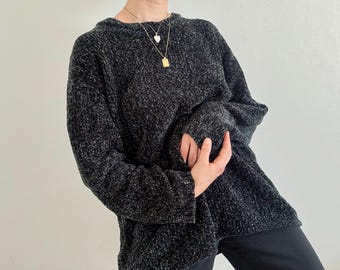 Vintage Chenille Knit Sweater Green Black | Oversized 80s 90s Unisex Velvet Grunge Pullover Jumper | Cozy Longline Winter Jumper Size L