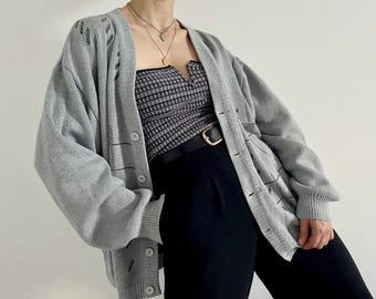 Vintage Grandpa Cardigan Oversized Gray Patterned | Casual Merino Wool Knitted 80s 90s Retro Jumper Jacket Unisex | Grunge Wool Knitwear