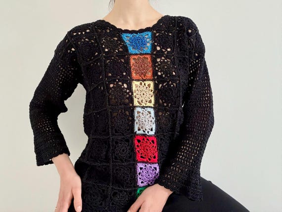 Vintage Granny Square Patchwork Crochet Sweater M… - image 7