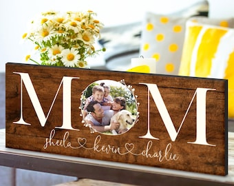 Mothers Day Gift for Mom - Custom Mom Sign with Photo & Kids Names, 2 Size - 6 Colors - Birthday Gifts for Mom, Mom Gifts from Daughter, Son