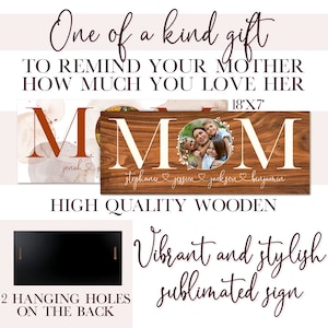 Puede incluir: Un letrero de madera con la palabra "MOM" en letras blancas. El letrero tiene un patr&oacute;n de veta de madera y una foto de una familia en una corona. El letrero tambi&eacute;n incluye los nombres "Stephanie, Jessica, Jackson, Benjamin" y "Jonah". El letrero mide 45,7 cm por 17,8 cm y tiene dos agujeros para colgar en la parte posterior.