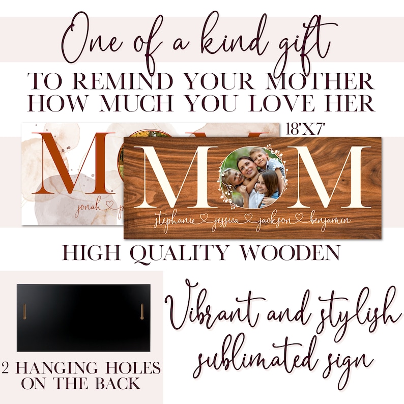 Puede incluir: Un letrero de madera con la palabra "MOM" en letras blancas. El letrero tiene un patr&oacute;n de veta de madera y una foto de una familia en una corona. El letrero tambi&eacute;n incluye los nombres "Stephanie, Jessica, Jackson, Benjamin" y "Jonah". El letrero mide 45,7 cm por 17,8 cm y tiene dos agujeros para colgar en la parte posterior.