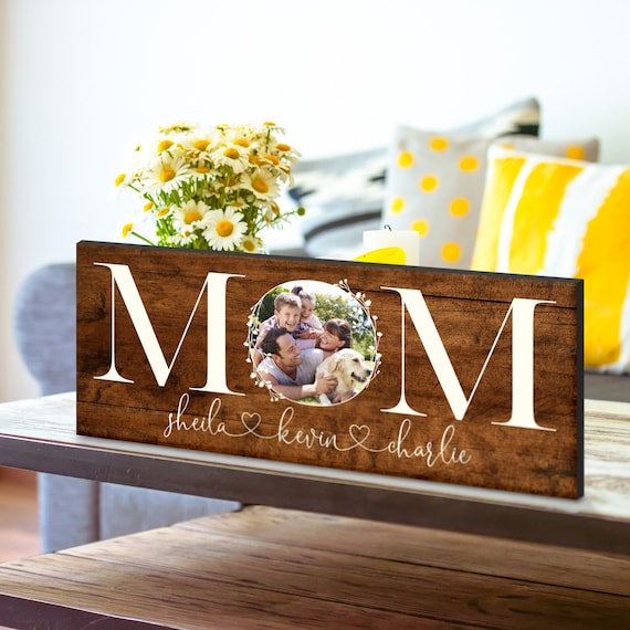 Mothers Day Gift for Mom - Custom Mom Sign with Photo & Kids Names, 2 Size - 6 Colors - Birthday Gifts for Mom, Mom Gifts from Daughter, Son