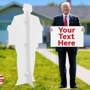 Donald Trump Life Size Cutout Cardboard Figure, Funny Props Party Decor Standing Lifesize High Resolution Full Body with Your Custom Message