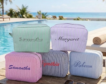 Personalized Seersucker Cosmetic Bags for Women, Teens - Makeup Bag for Women, Bridesmaid Gifts, Bridesmaid Proposal, Summer Gifts