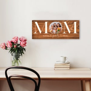 Puede incluir: Un letrero de madera con la palabra "MOM" en letras blancas. Un c&iacute;rculo en el medio del letrero contiene una foto de tres generaciones de mujeres. El texto "monica &hearts; pamela &hearts; emma" est&aacute; escrito debajo de la palabra "MOM".