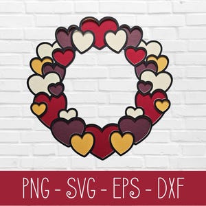 Couronne de coeurs multicouche, Fichier de découpe 3D, SVG St-Valentin, SVG 3D, Couronne de coeurs 5 couches, png, svg, eps, jpg