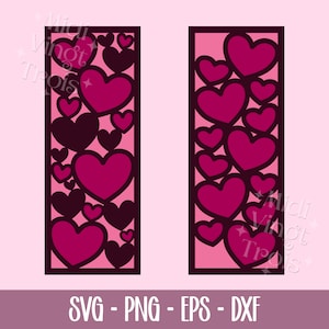 Peut inclure: Deux panneaux rectangulaires avec des découpes en forme de cœur dans différentes nuances de rose et de bordeaux foncé. Les panneaux sont placés sur un fond rose clair. Le bas de l'image affiche le texte "SVG - PNG - EPS - DXF".