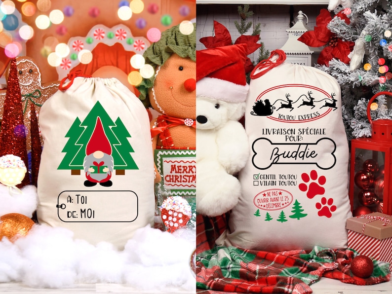 May include: Two white canvas Christmas gift bags with different designs. One bag features a gnome with a red hat and a green tree. The other bag features a bone with the text "Livraison Sp&eacute;ciale Pour: Buddie" and a paw print.