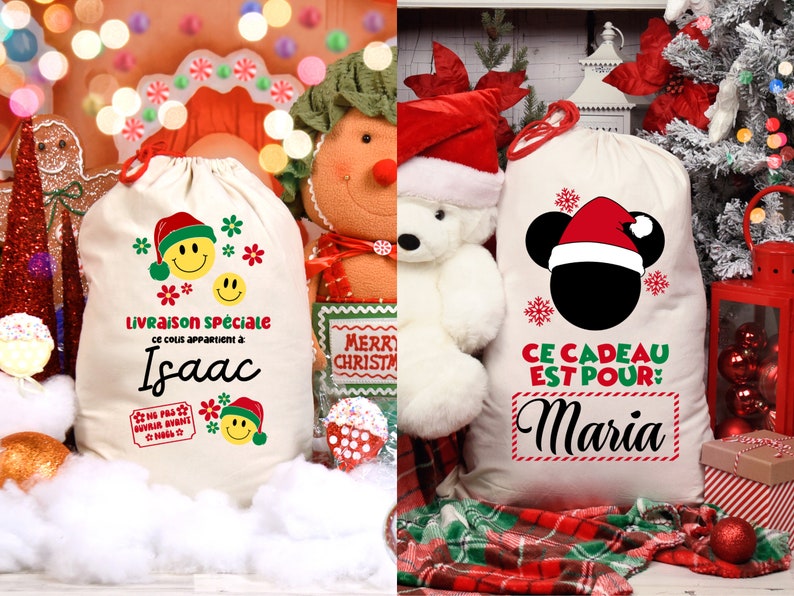 May include: Two white Christmas gift bags with red and green trim. One bag has a smiling face with a Santa hat and the text "Livraison sp&eacute;ciale ce colis appartient &agrave; Isaac". The other bag has a Mickey Mouse head with a Santa hat and the text "Ce cadeau est pour Maria".