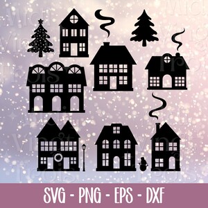 Puede incluir: Imágenes de siluetas negras de casas, un árbol de Navidad y columnas de humo. La imagen incluye una variedad de diseños de casas, algunas con chimeneas y humo, y un árbol de Navidad. La parte inferior de la imagen tiene el texto "SVG - PNG - EPS - DXF".