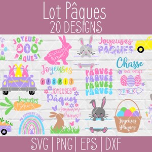 SVG Lot Joyeuses Pâques en français, svg, png, eps, dxf, fichier de découpe silhouette cricut lapin poussin oeufs