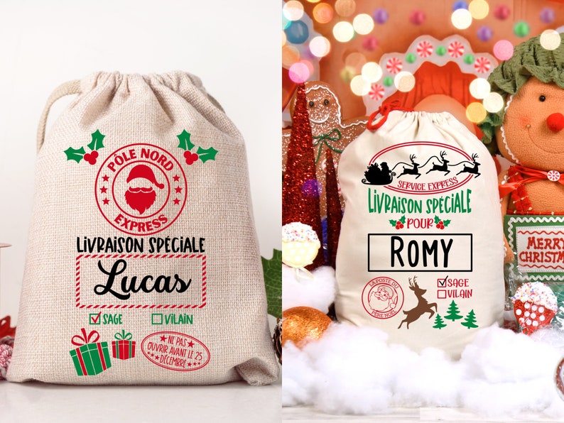 May include: Two white canvas Santa sacks with red and green designs. The sacks are personalized with the names "Lucas" and "Romy". The text on the sacks reads "P&ocirc;le Nord Express Livraison Sp&eacute;ciale" and "Service Express Livraison Sp&eacute;ciale".