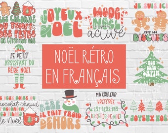 May include: A collection of colorful Christmas-themed illustrations in French. The illustrations feature a gingerbread man, a Christmas tree, a snowman, and various festive phrases like "Joyeux Noel" and "Noel Retro en Francais".