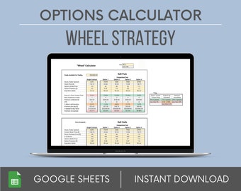 May include: A laptop computer screen displaying a Google Sheet titled "Wheel Calculator" with a spreadsheet for calculating options trading strategies. The spreadsheet includes columns for stock ticker symbol, current price, option price, strike price, and expiration date. The spreadsheet also includes a section for "Sell Puts" and "Sell Calls".