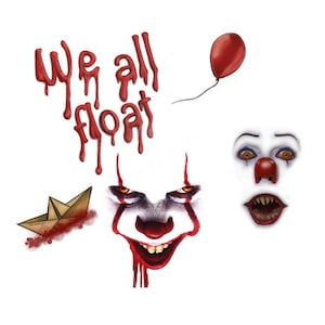 May include: Red and white paper cutouts of a clown face, a paper boat, and the words "We all float" with dripping red paint.