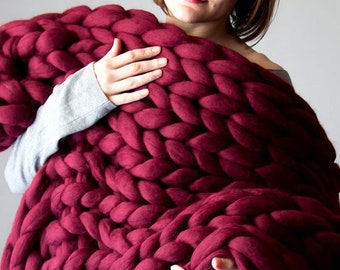 Chunky knit blanket, Knit blanket, Giant throw, Arm knitting, Stripped merino blanket, Thick yarn, Home decor, Boho,