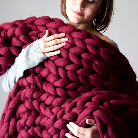 Chunky Knit Blanket, Knit Blanket, Giant Throw, Arm Knitting, Stripped  Merino Blanket, Thick Yarn, Home Decor, Boho, 