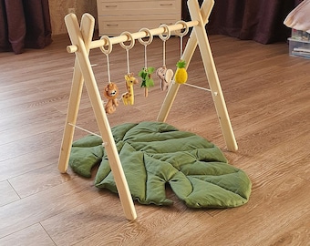 Baby Gym Activity Center Natural Color Handmade Baby Gym with 5 Hanging Toys Untreated Beechwood and Cotton Montessori Toy Cowboy Wild West