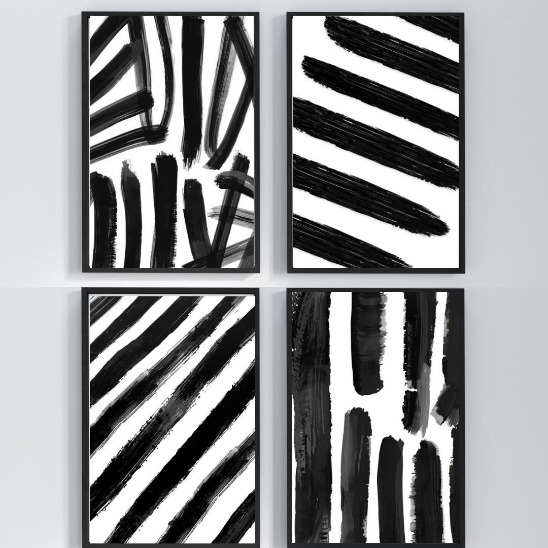 Black and White Abstract Brushstroke Art Set of 4 | Modern Minimalist ...