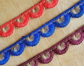 Scallop Embroidered Trim in Red, Purple, Blue, Medieval Cosplay and Renaissance Festival Costume Trim for Decor, Apparel Sewing and Crafts