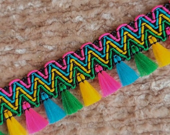 Rainbow Zig-Zag Tassel Fringe Trim for Costuming, Boho Home Decor, Pillow and Curtain Trim, Tribal, Gypsy, Festival Bra, Crafts, Upholstery