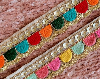 Colorful Embroidered Trim, Antique, Victorian and Renaissance Cosplay Medieval Scallop Trim, Dance and Sewing Sequin Lace