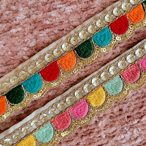 Colorful Embroidered Trim, Antique, Victorian and Renaissance Cosplay Medieval Scallop Trim, Dance and Sewing Sequin Lace