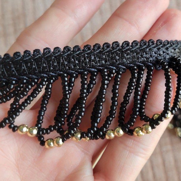Black and Gold Beaded Fringe Trim for Witchy Gothic Clothing, Cabaret, Burlesque Showgirl, Carnival Costume, Belly Dance, Drag DIY