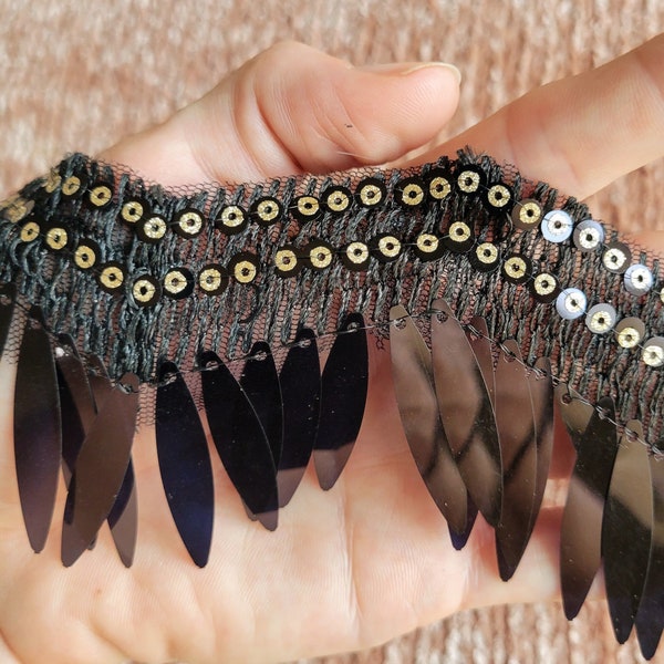 Blue-Black and Gold Bird Feather Sequin Zig-Zag Fringe Trim for Gothic Costume, Burlesque Showgirl, Belly Dance, or Tribal Festival, Cabaret