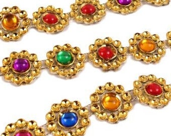 Gypsy and Pirate Metallic Gold, Silver Rainbow Rhinestone Trims, Colorful Gem Chain Belt Trim for Carnival Costumes, Dance, Drag and Cosplay